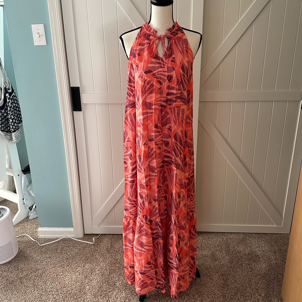 Nine West Halter Maxi Dress Size Small Coral Floral Tropical Print Flowy Lined